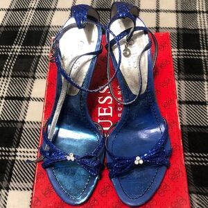 Guess by Marciano Metallic Cobalt Blue Strappy Heels with Bow